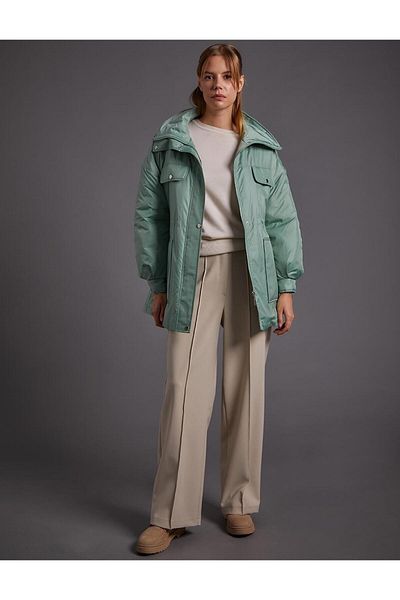 Kayra Pocket Detailed Gathered Waist Jacket Ice Green