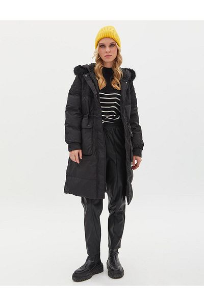 Kayra Faux Fur Fabric Garnished Goose Feather Coat Black