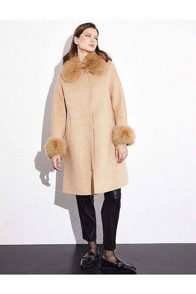 Kayra Palton cu dungi din lână premium Camel deschis