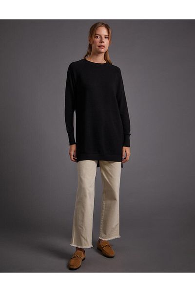 Kayra Stripe Textured Crew Neck Knitwear Tunic Black