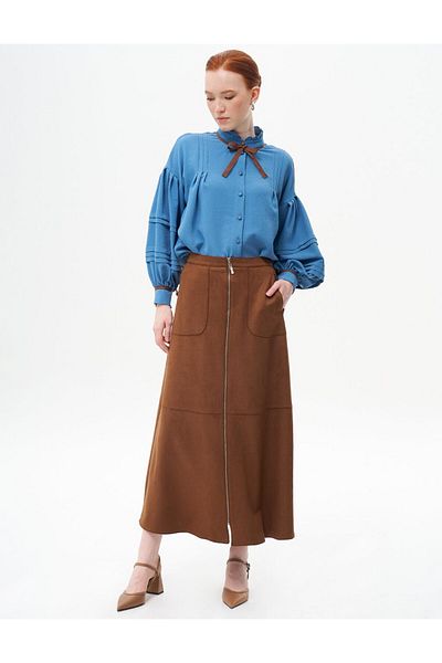 Kayra Brown Suede Skirt - Sewing Detail and Zipper Closure