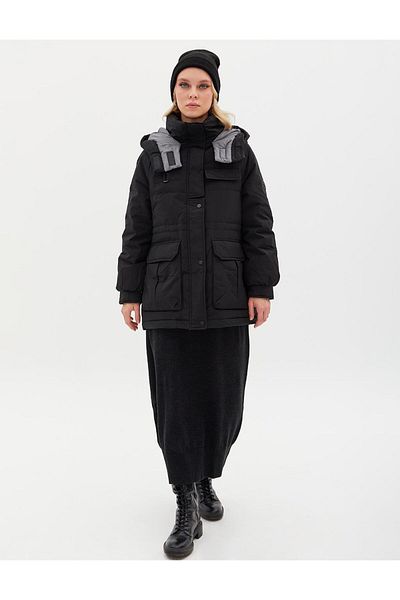 Kayra Pocket Detail Stand Collar Goose Feather Coat Black