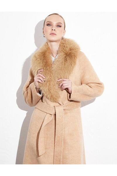 Kayra Premium μάλλινο γούνινο παλτό με διπλό στήθος με ζώνη Camel