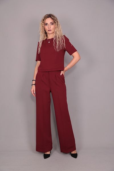 ÖNDER ÖZSOY Boat Neck Short Sleeve Blouse & Double Leg High Waist Trousers Set-burgundy