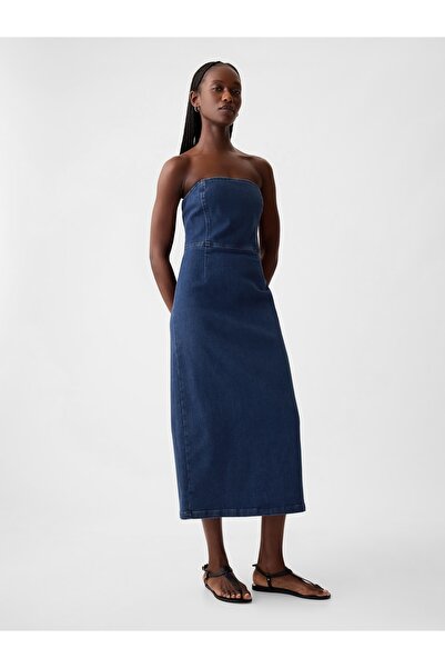 GAP Kadın Mavi Straplez Denim Midi Elbise