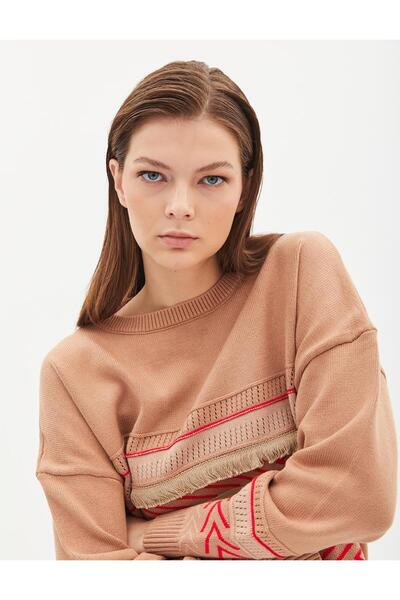 Kayra Exclusive Karma Desenli Saçaklı Triko Tunik Camel