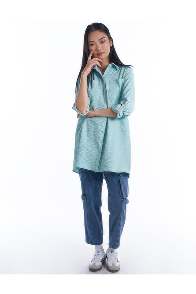 Kayra Nile Green Tunic - Shirt Collar and Pocket Detail