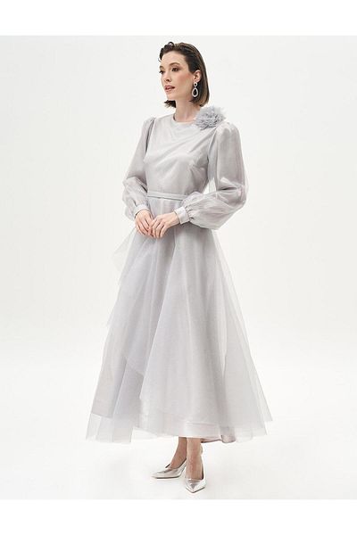 Kayra Gray Glitter Tulle Layered Evening Dress