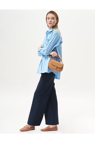 Kayra Navy Blue Wide Leg Basic Crepe Trousers