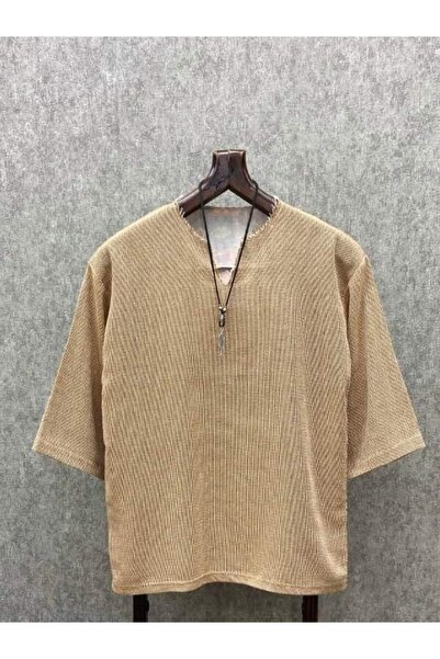 FıttingRoom Oversize Bohem Fakir Kol Pis Uç Yaka Toprak Pamuk Keten Tshirt