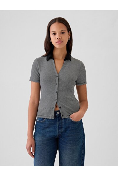 GAP Kadın Siyah Modern Rib Düğmeli Polo Yaka T-Shirt