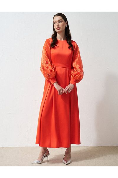 Kayra Coral Embroidered Satin Dress