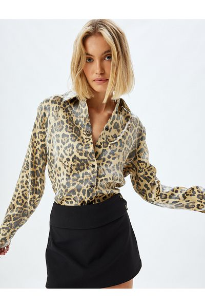 Koton Cămașă cu mânecă lungă din satin cu imprimeu leopard