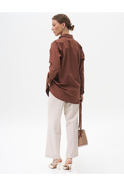 Kayra Dark Brown Colored Basic Poplin Shirt Collar Tunic