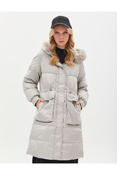 Kayra Faux Fur Fabric Garnished Goose Down Coat Light Gray