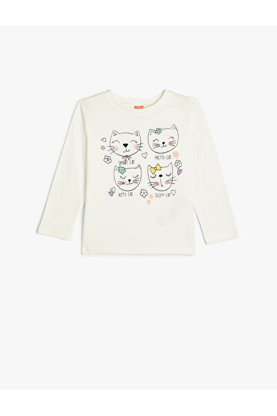 Koton Tişört Uzun Kollu Kedi Baskılı Bisiklet Yaka