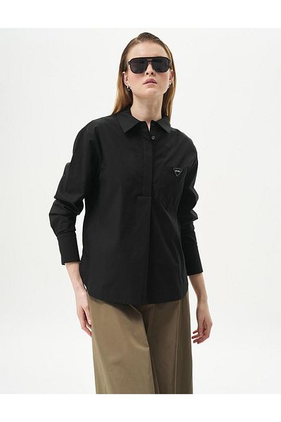 Kayra Black Poplin Tunic - Half Placket