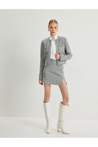Koton Tweed Crop Jacket - kulatý výstřih, detail střapce, kapsa a perlové knoflíky