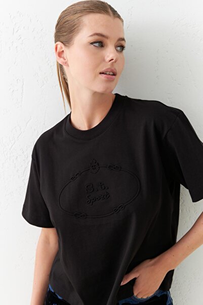 Setre Tricou negru din bumbac cu mânecă scurtă cu decolteu - Detaliu imprimat