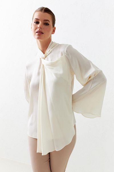 Setre Ecru Asymmetrical Neck Detailed Long Sleeve Blouse