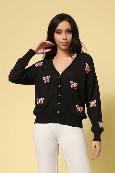 Two Mail Black Butterfly Patterned Cardigan