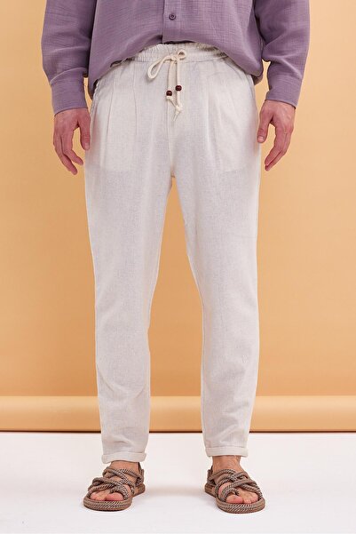 FıttingRoom Elastic Waist Double Leg Mikonos Cotton Linen Cream Trousers