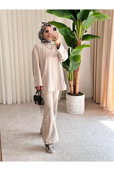 ASEL FASHİON Beige Premium Buttoned Modal Set