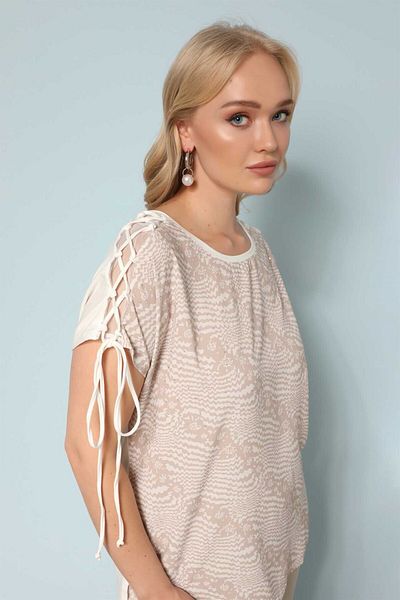Two Mail Ecru Color Shoulder Lace up Blouse