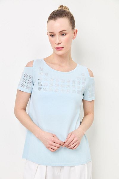 Two Mail Sleeve Detailed Jewelled Knitwear Light Blue