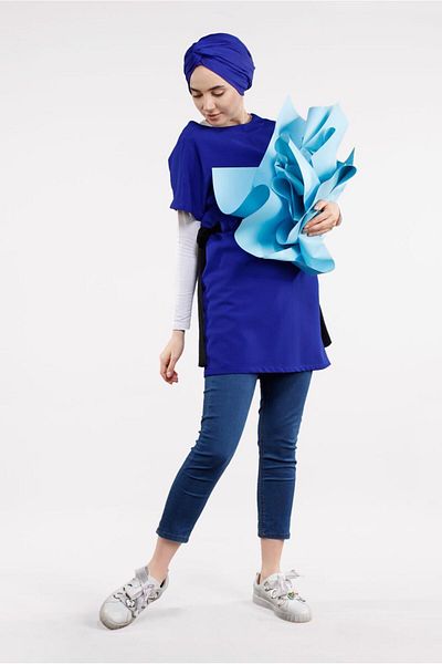 TRENDTESETTÜR Navy Blue Saks Tunic - Elastic Waist, Half Sleeve t 1810