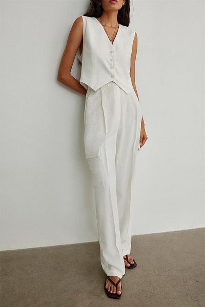 Suud Collection Weiße Cargohose aus Leinen „Como“
