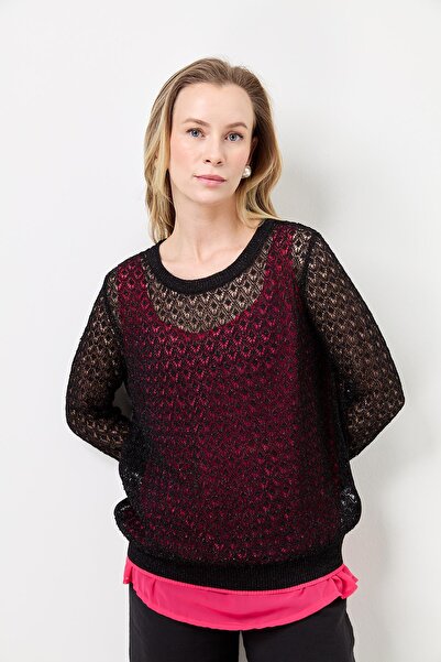 Two Mail Fermuar Aksesuarlı Bluz Fuşya-Siyah