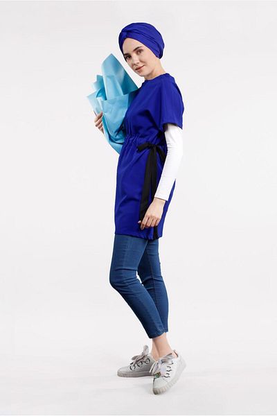 TRENDTESETTÜR Navy Blue Saks Tunic - Elastic Waist, Half Sleeve t 1810