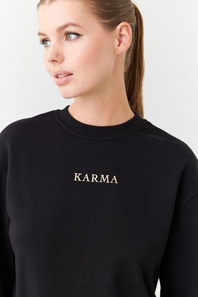 Setre Crew Neck Long Sleeve Black Sweatshirt - Print Detailed