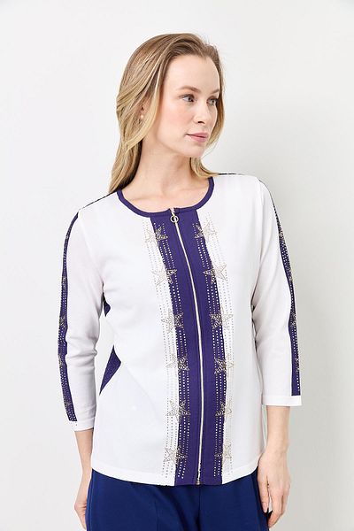 Two Mail Zipper Detailed Knitwear White-Navy Blue