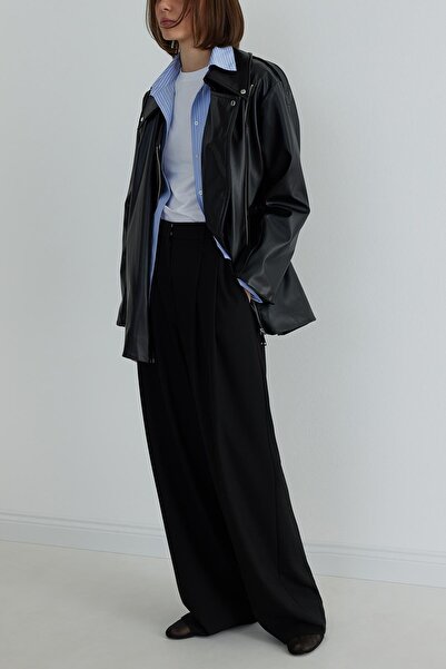 Suud Collection Černý kožený motorkářský trenčkot