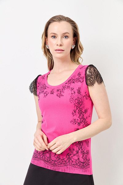 Two Mail Lace Printed Blouse Fuchsia