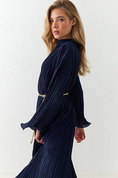 Setre Navy Blue Midi Length Full Fit - Turtleneck and Belt Detailed Dress