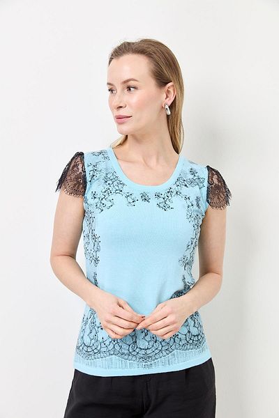 Two Mail Lace Printed Blouse TURQUOISE