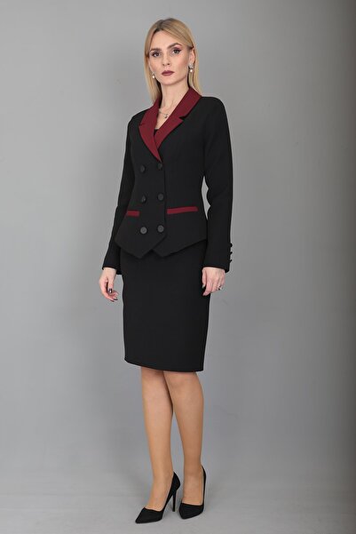 ÖNDER ÖZSOY Garnili Ceket & Arka Yırtmaçlı Vazo Etek Takım-Bordo