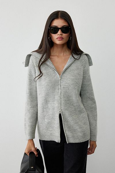 Suud Collection Gray Double Zippered Knitwear Cardigan