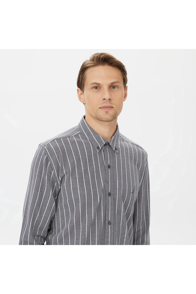 Nautica Erkek Gri Classic Fit Uzun Kollu Çizgili Gömlek