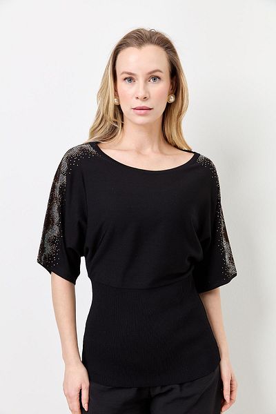 Two Mail Stoned Sleeve Knitwear BLACK