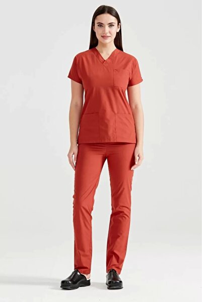 Moodamedikal Kiremit Rengi Likra kumaş Cerrahi takım V Yaka Forma
