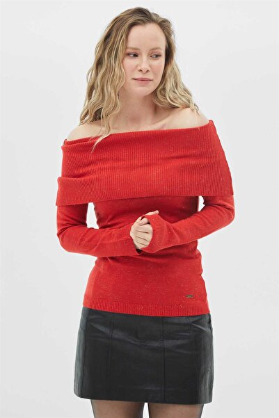 Two Mail Degaje Yaka Simli Triko Kırmızı