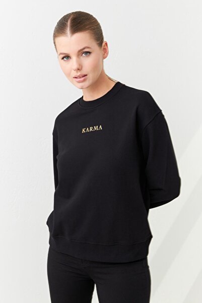 Setre Hanorac negru cu mânecă lungă cu decolteu - Detaliu imprimat