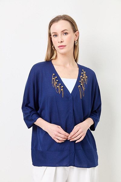 Two Mail Chain Embroidered Cardigan NAVY BLUE