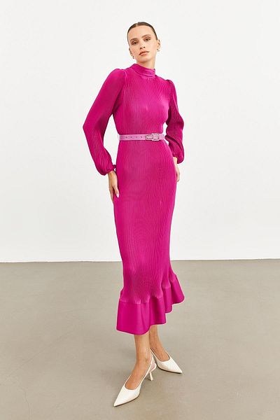 Setre Fuchsia Pleat Detailed Midi Length Belted Dress