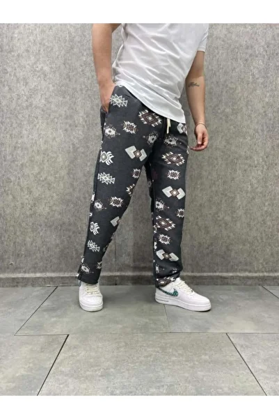 FıttingRoom Elastic Waist Aztec Patterned Bohemian Pipe Leg Cotton Linen Trousers