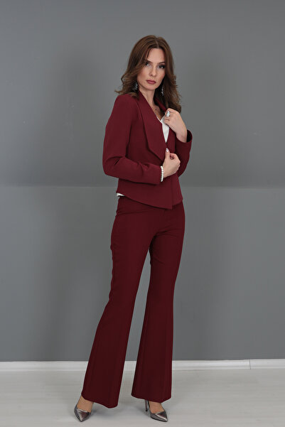 ÖNDER ÖZSOY Mini Ceket & İspanyol Paça Pantolon Takım-Bordo